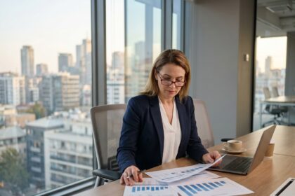 Femme d'affaires analysant des documents financiers pour évaluer la valeur de son entreprise