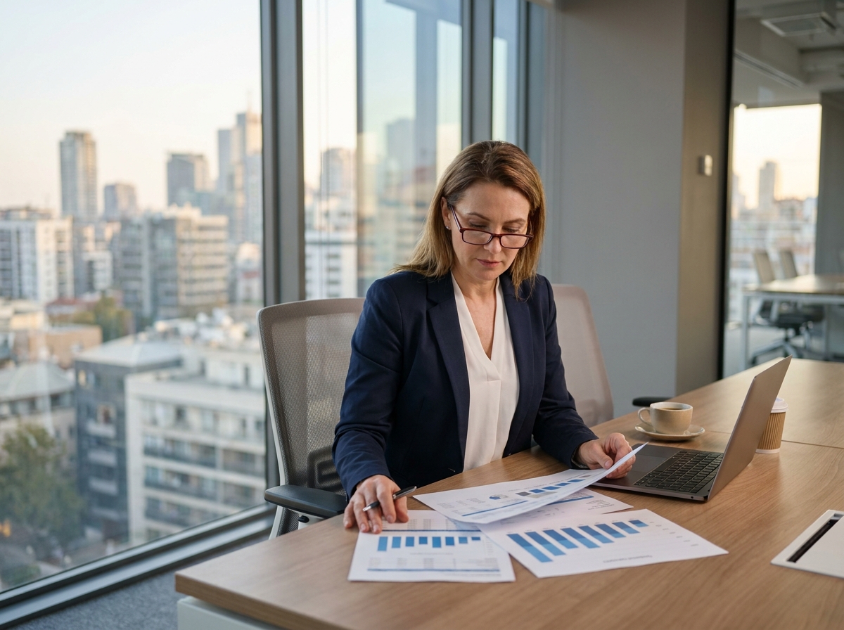 Femme d'affaires analysant des documents financiers pour évaluer la valeur de son entreprise