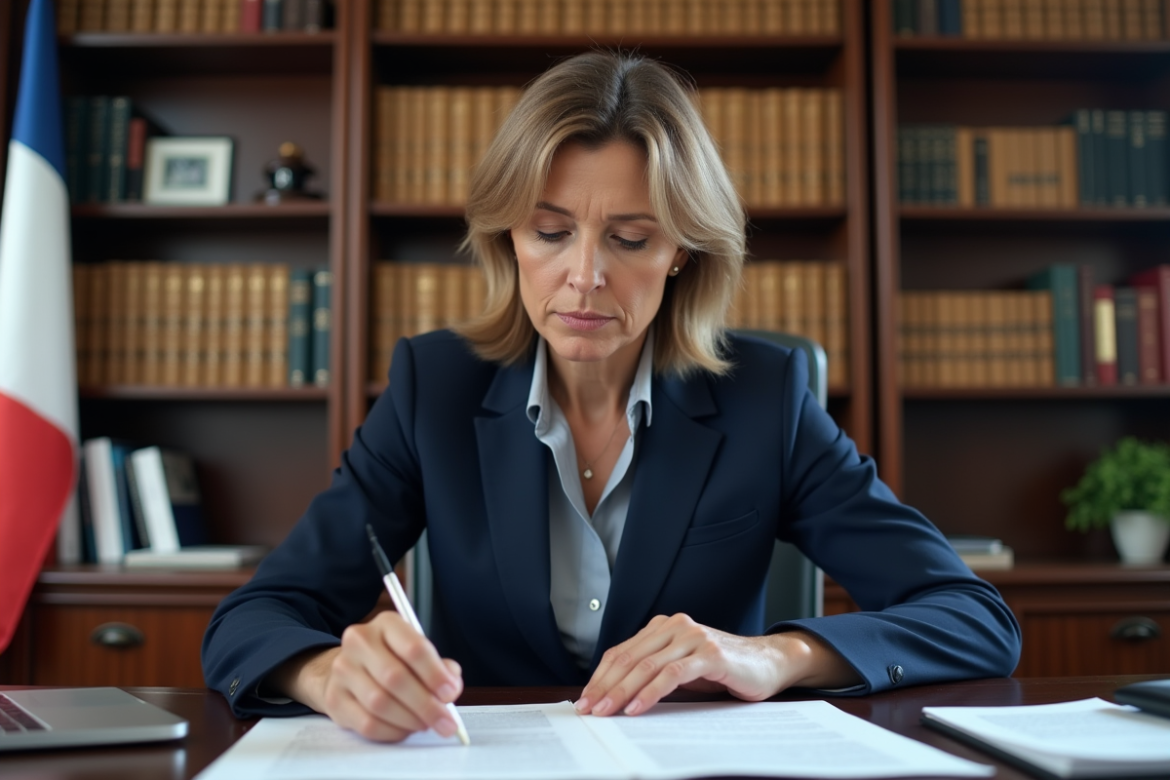 Femme d'affaires française en costume navy dans un bureau professionnel