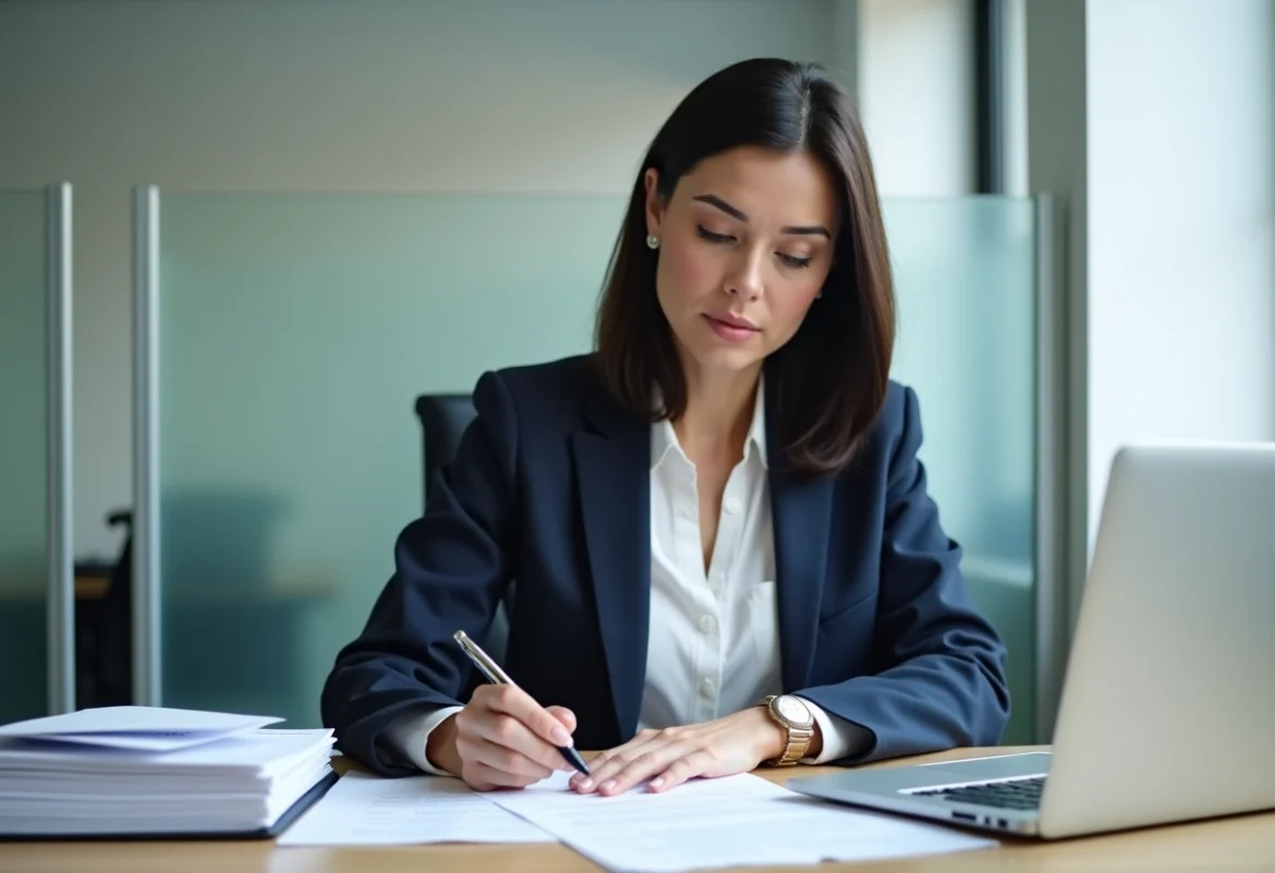Femme d'affaires en bureau moderne lisant des documents