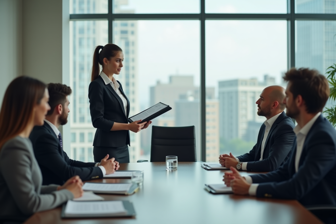 Femme d'affaires présentant un dossier lors d'une réunion professionnelle