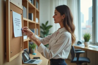 Femme d'affaires pinçant un proverbe français au corkboard