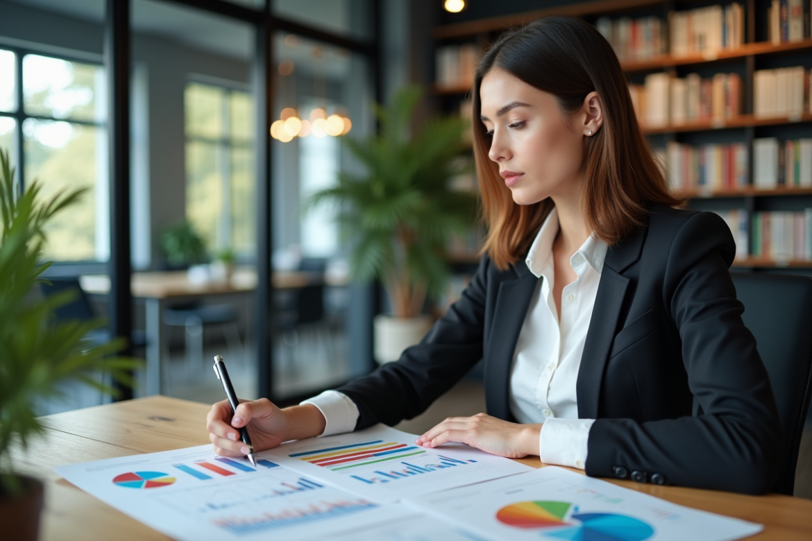Jeune femme professionnelle analysant des graphiques au bureau