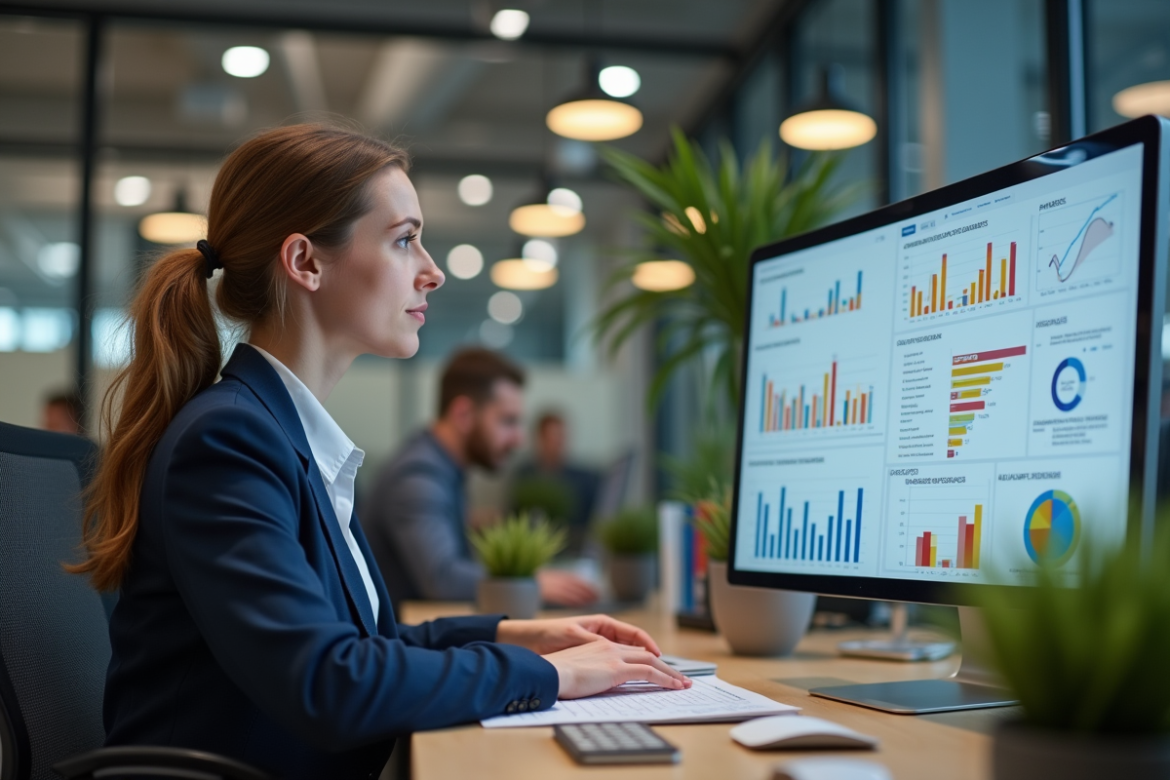 Femme analysant des graphiques colorés sur un ordinateur au bureau