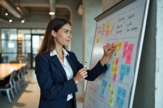 Femme d'affaires présentant une analyse SWOT sur un tableau blanc avec des post-its colorés dans un bureau moderne