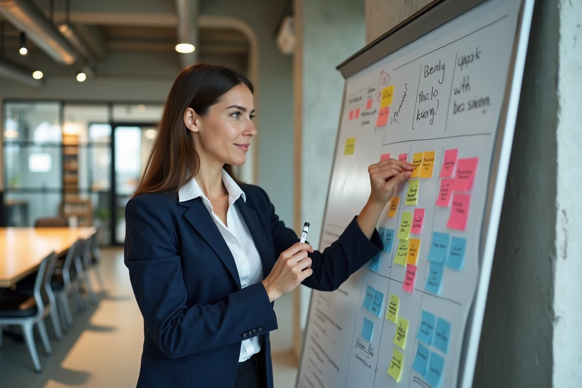 Femme d'affaires présentant une analyse SWOT sur un tableau blanc avec des post-its colorés dans un bureau moderne