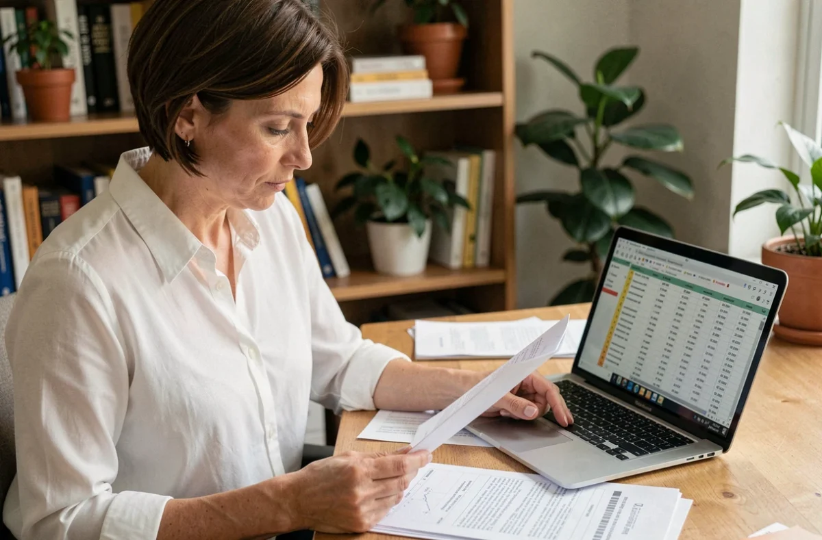 Femme consultant un barème de prix pour l'organisation d'une cérémonie de médaille du travail à son bureau
