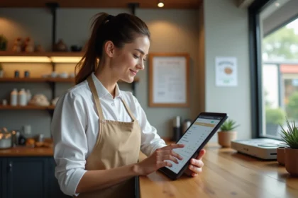 Femme en uniforme de boulangerie utilisant une tablette dans un espace moderne