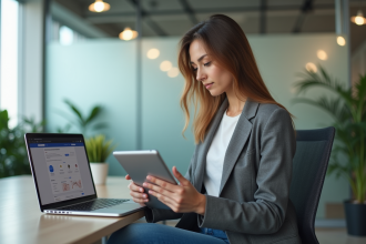 Jeune femme au bureau compare des options de campagnes Facebook