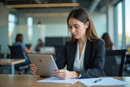 Femme d affaires examinant des contrats dans un bureau moderne