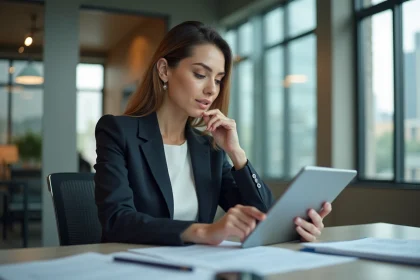 Femme professionnelle au bureau avec tablette et documents