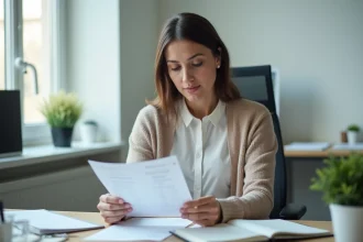 Femme au bureau examinant une fiche de paie avec concentration