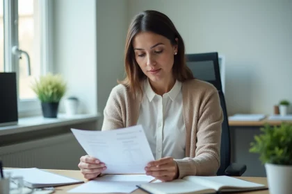 Femme au bureau examinant une fiche de paie avec concentration