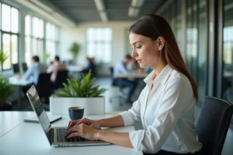 Jeune femme au bureau utilisant une application de gestion des ressources humaines