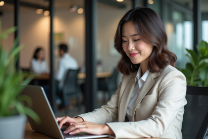 Femme en tenue professionnelle concentrée sur son ordinateur dans un bureau moderne