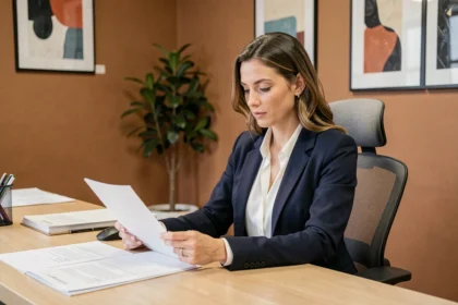 Femme professionnelle travaillant dans un bureau meublé prêt à l'emploi avec mobilier moderne et décoration sobre