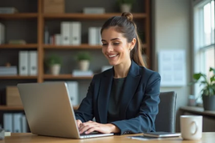 Femme d'affaires concentrée sur son ordinateur dans un bureau moderne