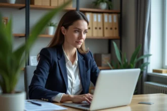 Femme en bureau professionnel consulte un site gouvernemental