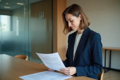 Femme cadre en blazer marine lisant une note de service interne dans un bureau moderne