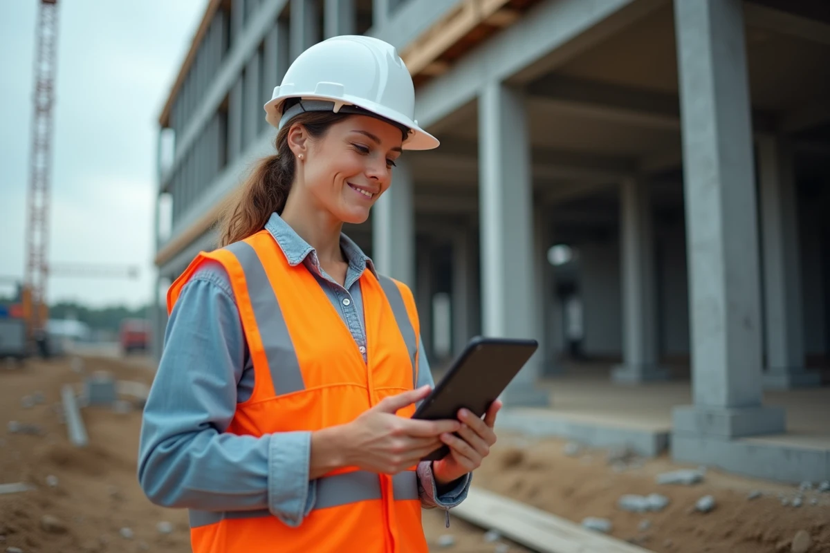 Femme en gilet de sécurité regardant un chantier de fondation