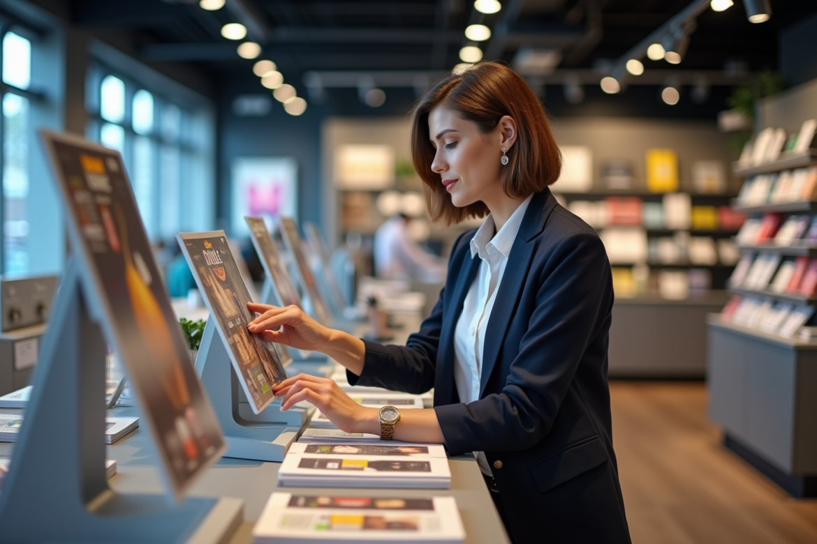 Femme d affaires ajustant un support de vente en magasin