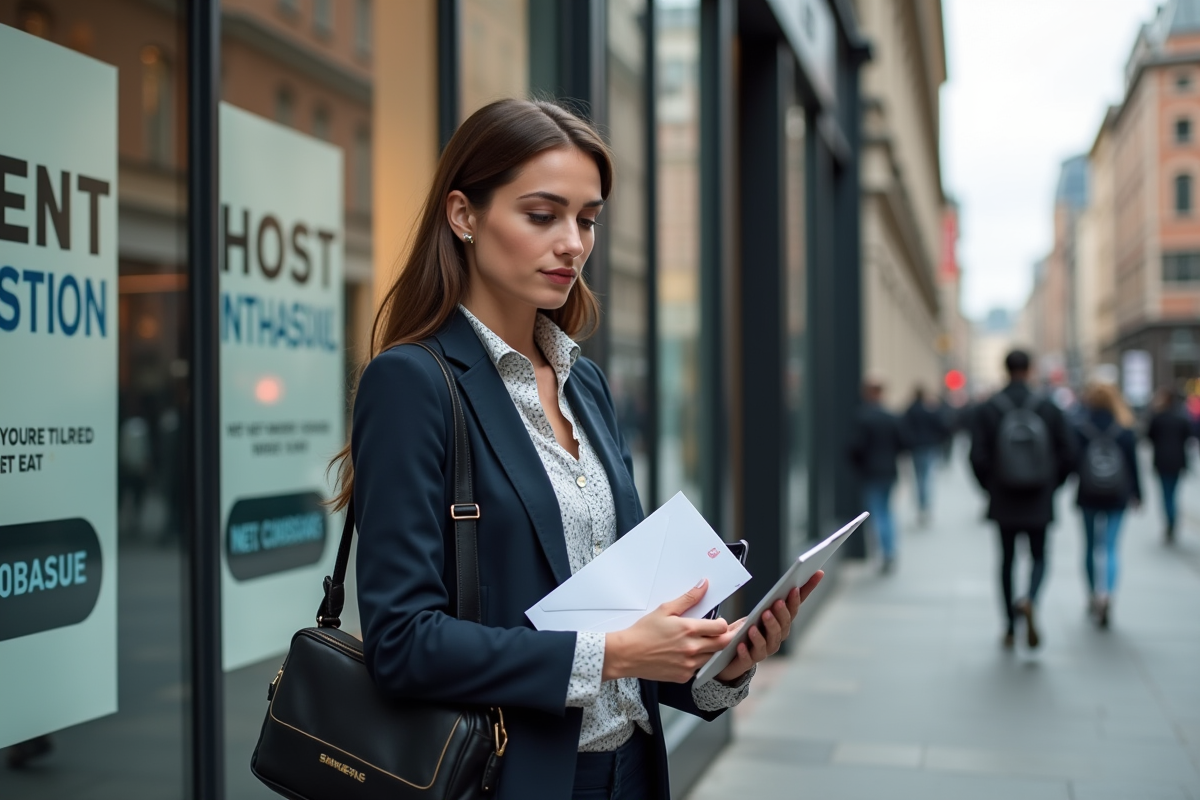 Jeune femme en ville regardant ses supports marketing