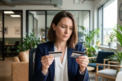 Jeune femme professionnelle compare deux cartes bancaires