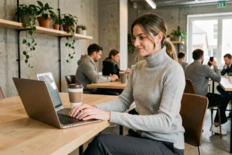 Femme travaillant dans un espace de coworking moderne à Annecy avec un ordinateur portable et un café