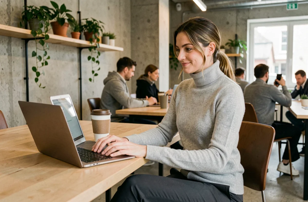Femme travaillant dans un espace de coworking moderne à Annecy avec un ordinateur portable et un café