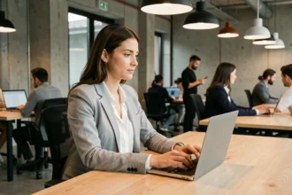 Femme travaillant dans un espace de coworking moderne à Laval avec un ordinateur portable