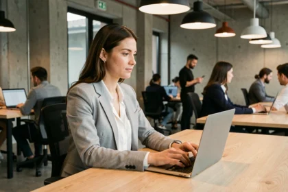 Femme travaillant dans un espace de coworking moderne à Laval avec un ordinateur portable