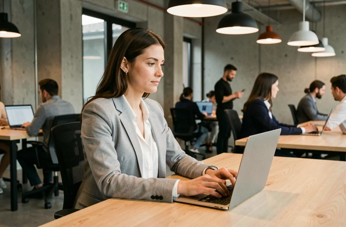 Femme travaillant dans un espace de coworking moderne à Laval avec un ordinateur portable