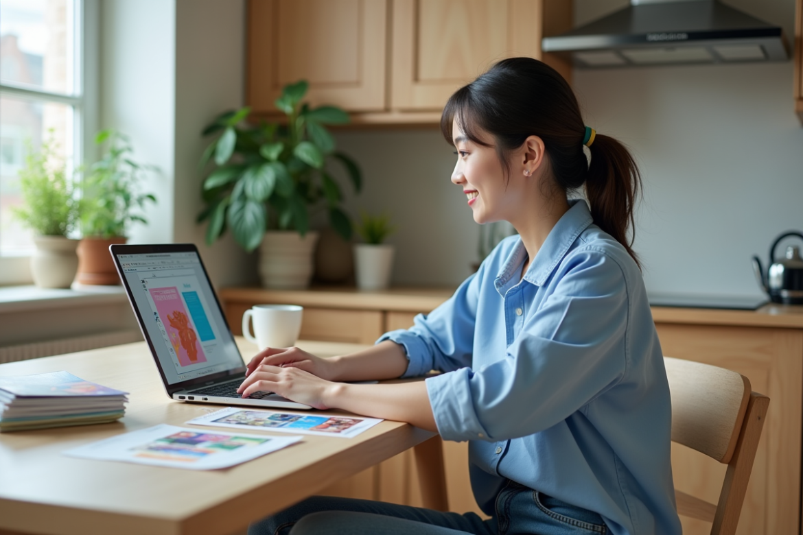 Jeune femme arrangeant des flyers sur son ordinateur dans la cuisine