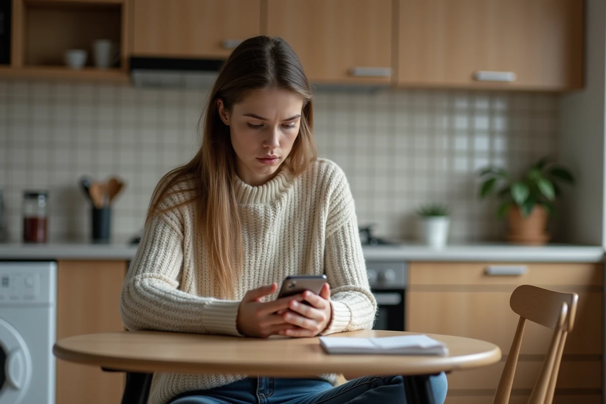 Jeune femme préoccupée regardant son smartphone à la maison