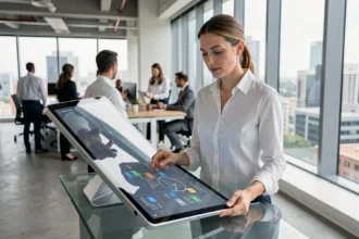 Femme professionnelle analysant une carte de services numériques sur tablette dans un bureau moderne, illustrant la digitalisation des processus d'entreprise