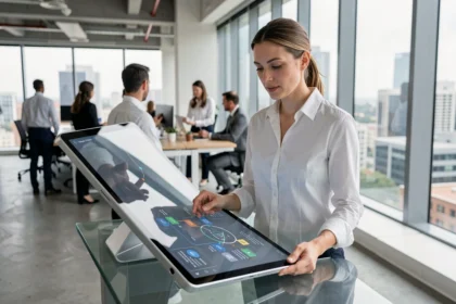Femme professionnelle analysant une carte de services numériques sur tablette dans un bureau moderne, illustrant la digitalisation des processus d'entreprise