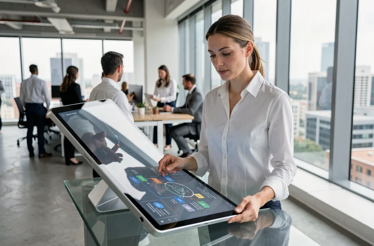 Femme professionnelle analysant une carte de services numériques sur tablette dans un bureau moderne, illustrant la digitalisation des processus d'entreprise