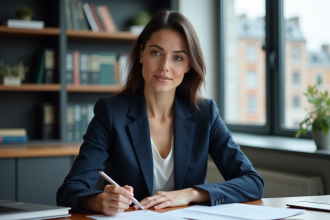 Femme irlandaise en costume bleu examinant des documents juridiques