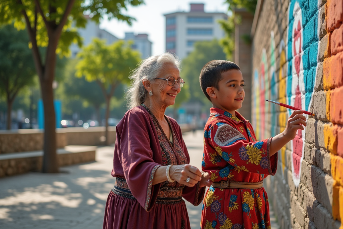 Femme âgée et enfant peignant un mur communautaire