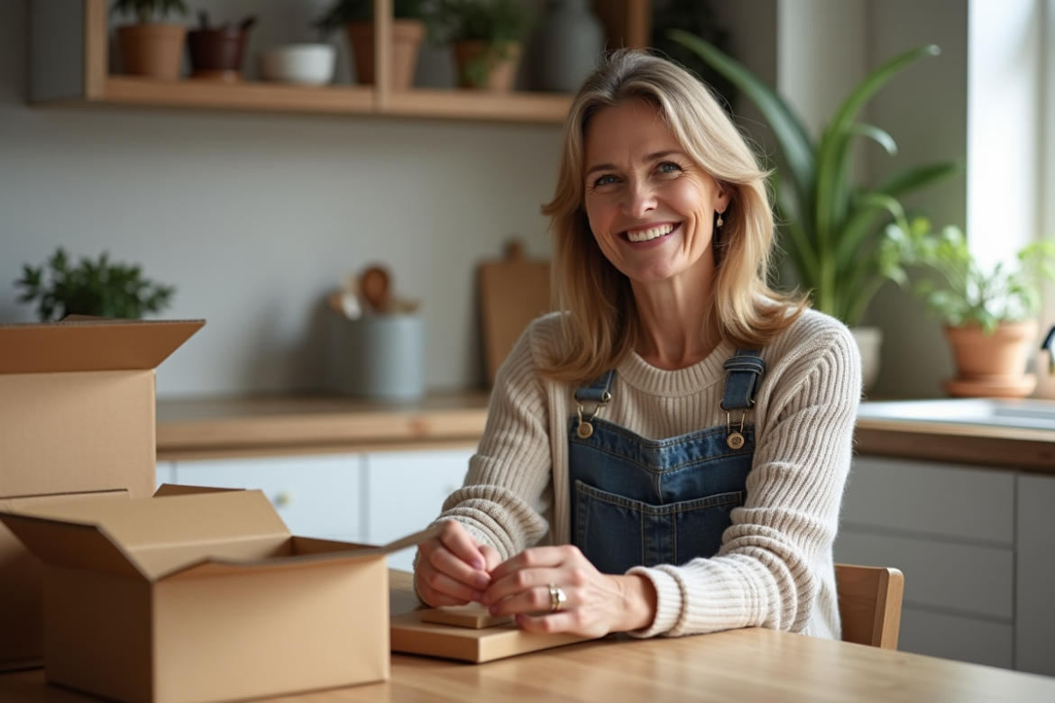 Femme emballant des produits faits main dans une cuisine lumineuse