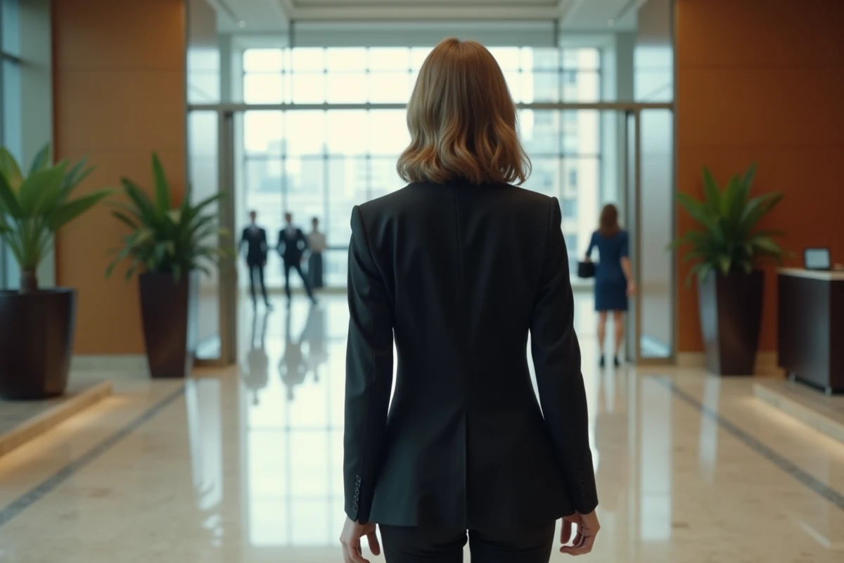 Femme en blazer noir marchant dans un lobby d