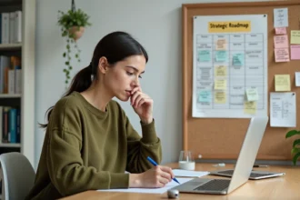 Femme entrepreneur analysant une feuille de route stratégique épinglée sur un tableau en liège dans un bureau minimaliste