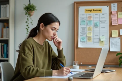 Femme entrepreneur analysant une feuille de route stratégique épinglée sur un tableau en liège dans un bureau minimaliste