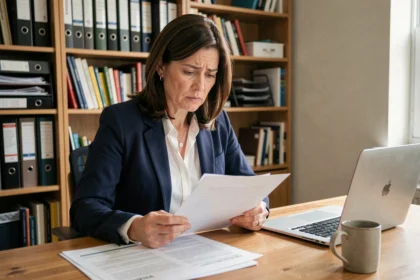 Femme entrepreneur consultant des documents administratifs après un refus d'ACRE à son bureau à domicile