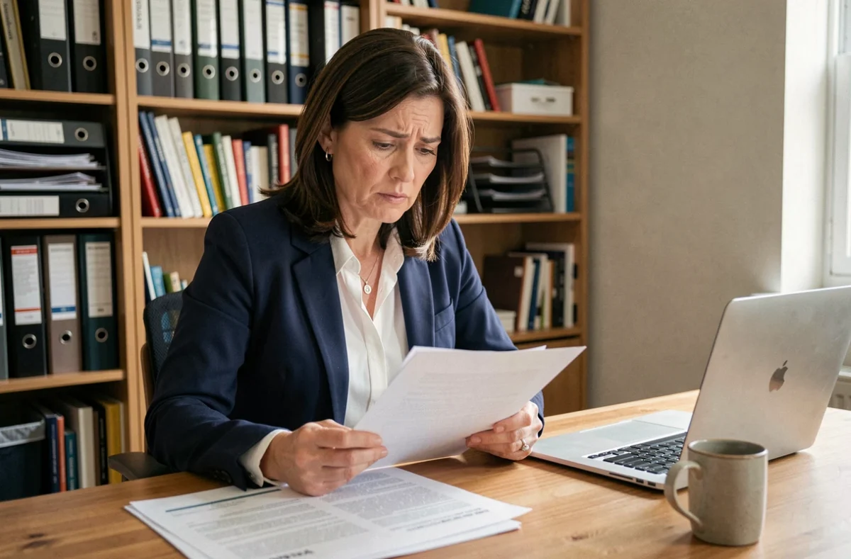 Femme entrepreneur consultant des documents administratifs après un refus d'ACRE à son bureau à domicile