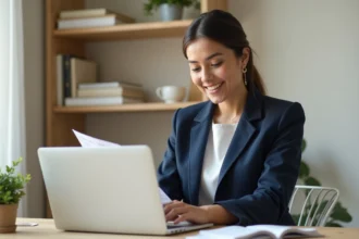 Femme freelance professionnelle rédigeant une réponse à une offre de mission administrative sur son ordinateur portable dans un bureau épuré