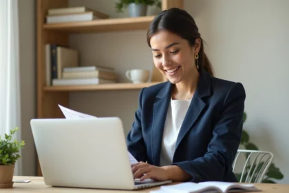 Femme freelance professionnelle rédigeant une réponse à une offre de mission administrative sur son ordinateur portable dans un bureau épuré