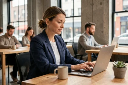 Femme indépendante travaillant sur son ordinateur portable dans un espace de coworking moderne avec des murs en béton et des bureaux en bois chaleureux