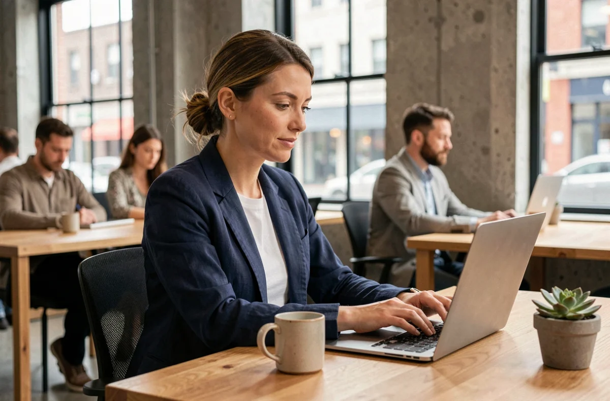 Femme indépendante travaillant sur son ordinateur portable dans un espace de coworking moderne avec des murs en béton et des bureaux en bois chaleureux