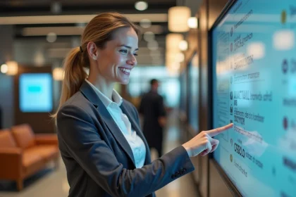 Femme d'âge moyen souriante utilisant un portail digital dans un hall moderne
